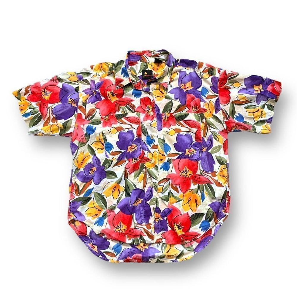 Vintage Liz Sport Petite Top Multicolor Abstract Floral Short Sleeve Button Up